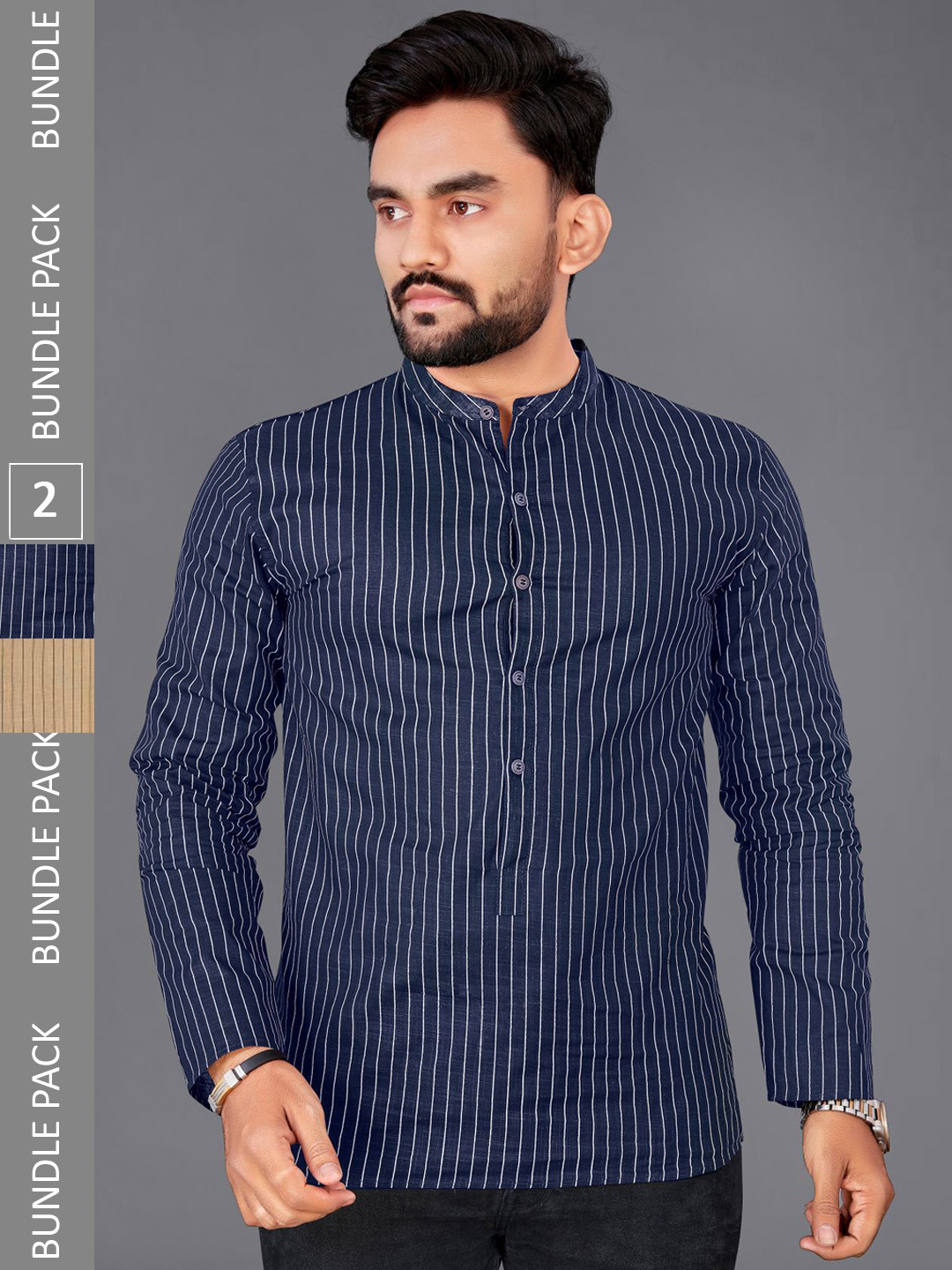 

ADWYN PETER Mandarin Collar Striped Pure Cotton Short Kurta, Navy blue