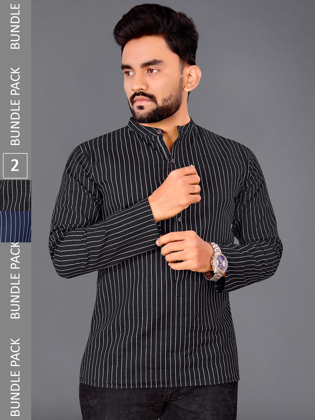 

ADWYN PETER Pack Of 2 Striped Mandarin Collar Cotton Short Kurta, Black
