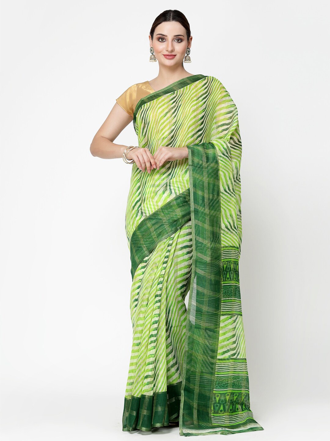 

KALINI Green & Yellow Woven Design Zari Silk Cotton Banarasi Saree