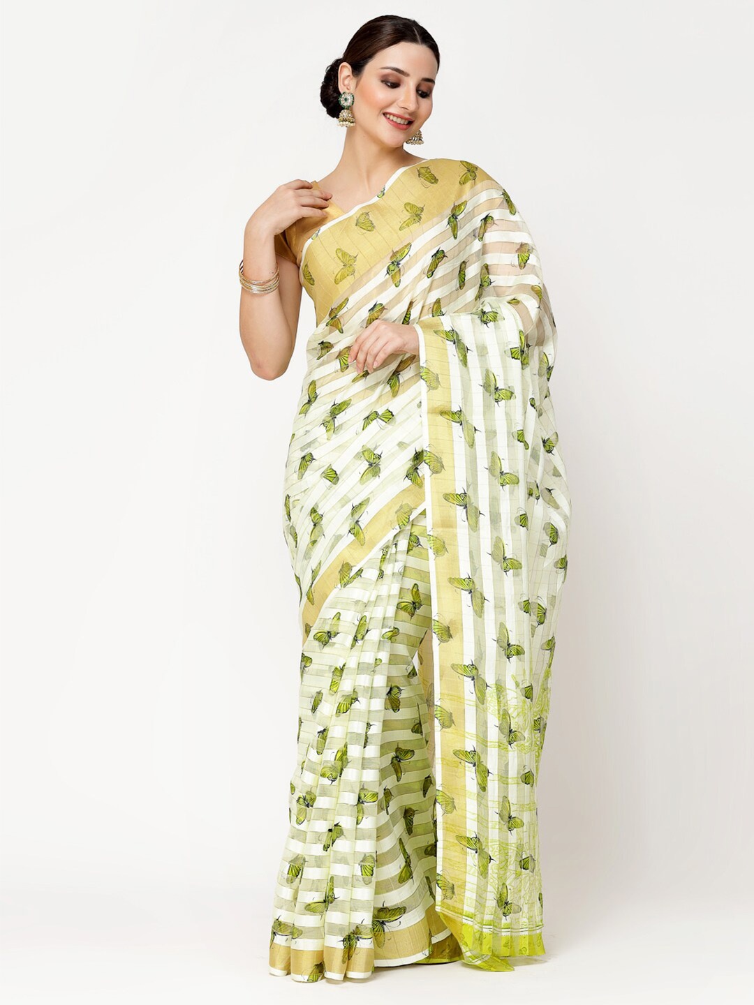 

KALINI Green & White Woven Design Zari Silk Cotton Banarasi Saree