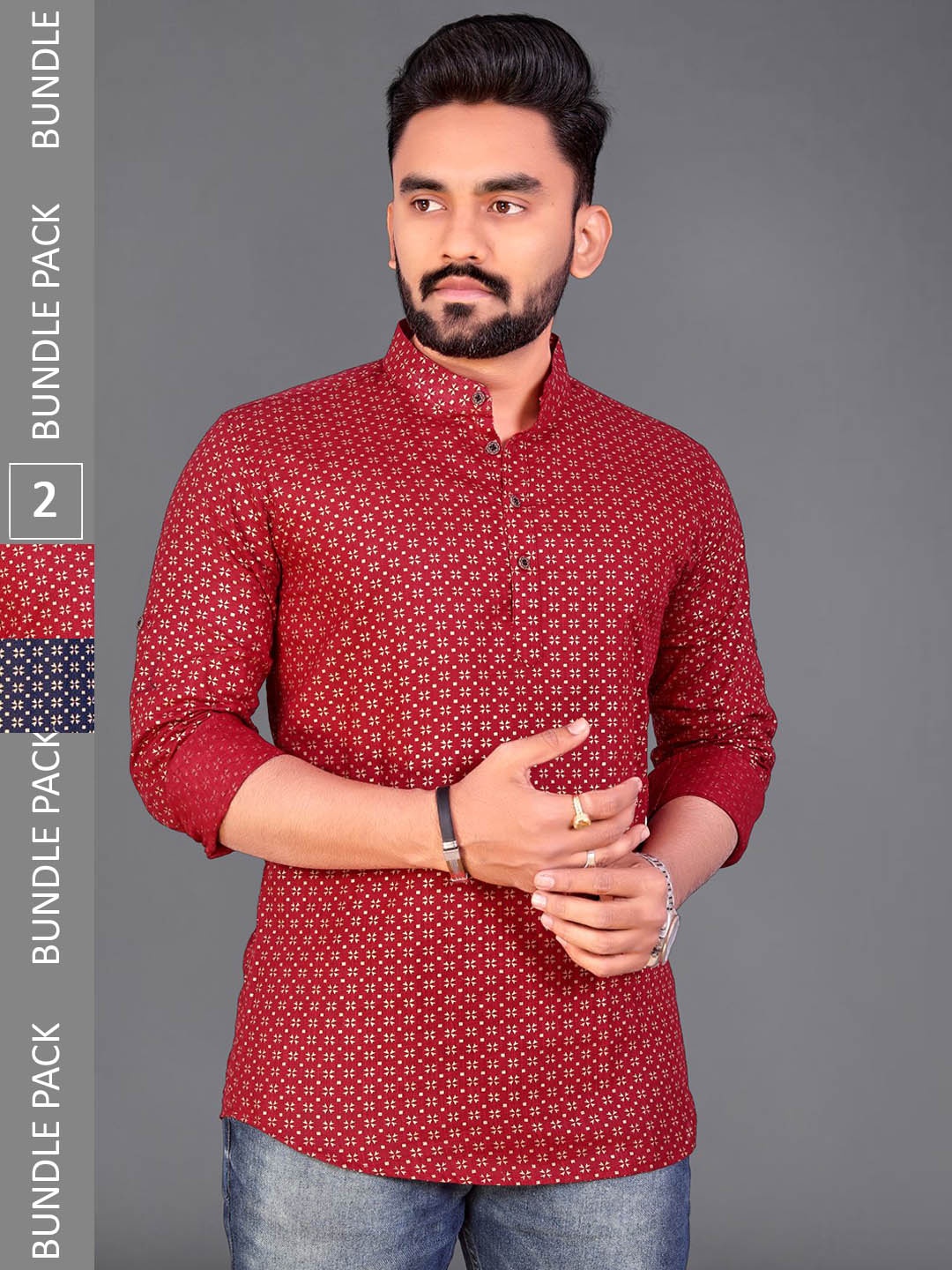 

ADWYN PETER Pack Of 2 Geometric Printed Mandarin Collar Cotton Short Kurta, Maroon