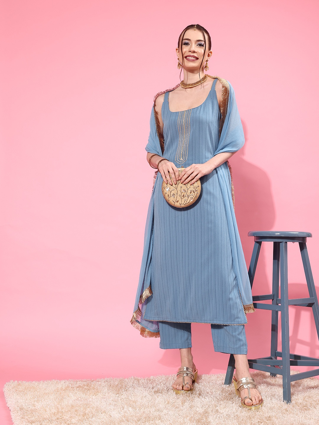 

Varanga Blue Sleeveless Kurta with Trouser and Dupatta