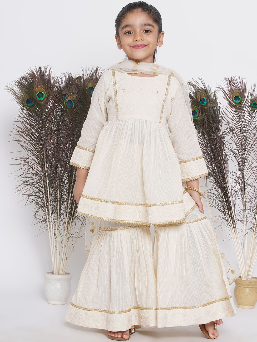 Little Bansi Girls Mirror Work Embroidered Pure Cotton Kurta With Sharara & & Dupatta, Cream
