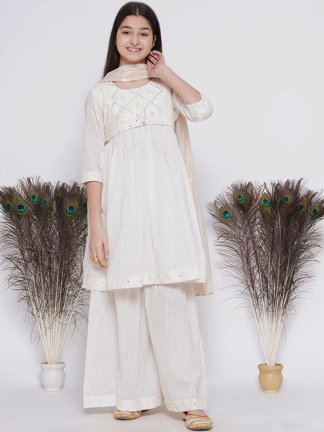 

Little Bansi Girls Mirror Work Embroidered Pure Cotton Kurta With Sharara & Dupatta, Cream