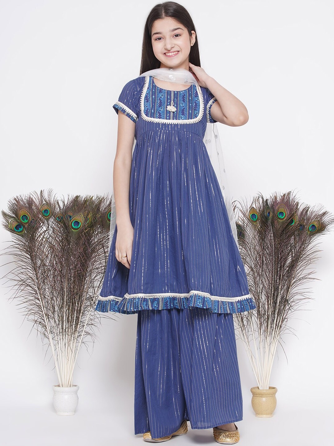 Little Bansi Girls Woven Design Regular Pure Cotton Kurta With Sharara & Dupatta, Blue