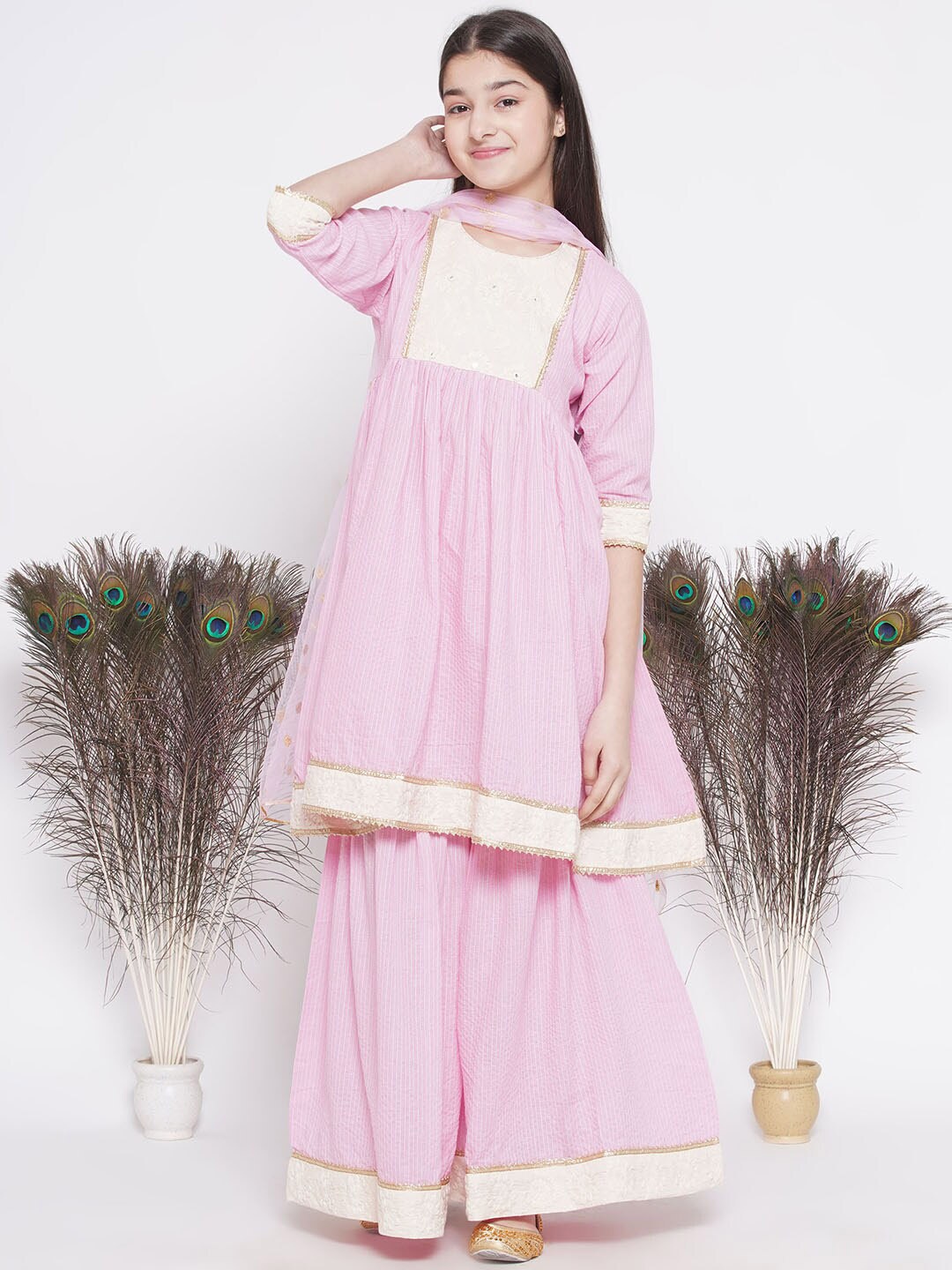 

Little Bansi Girls Pink Striped Patch Work Pure Cotton Kurta With Sharara & Dupatta