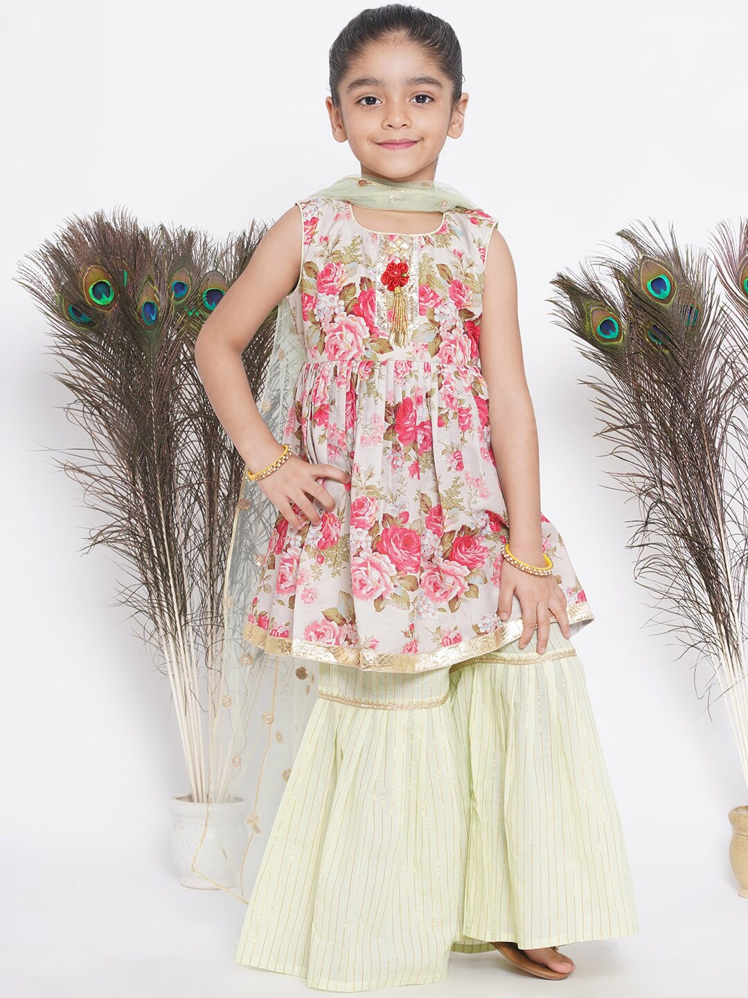 

Little Bansi Girls Printed Regular Pure Silk Kurta With Sharara & Dupatta, Cream