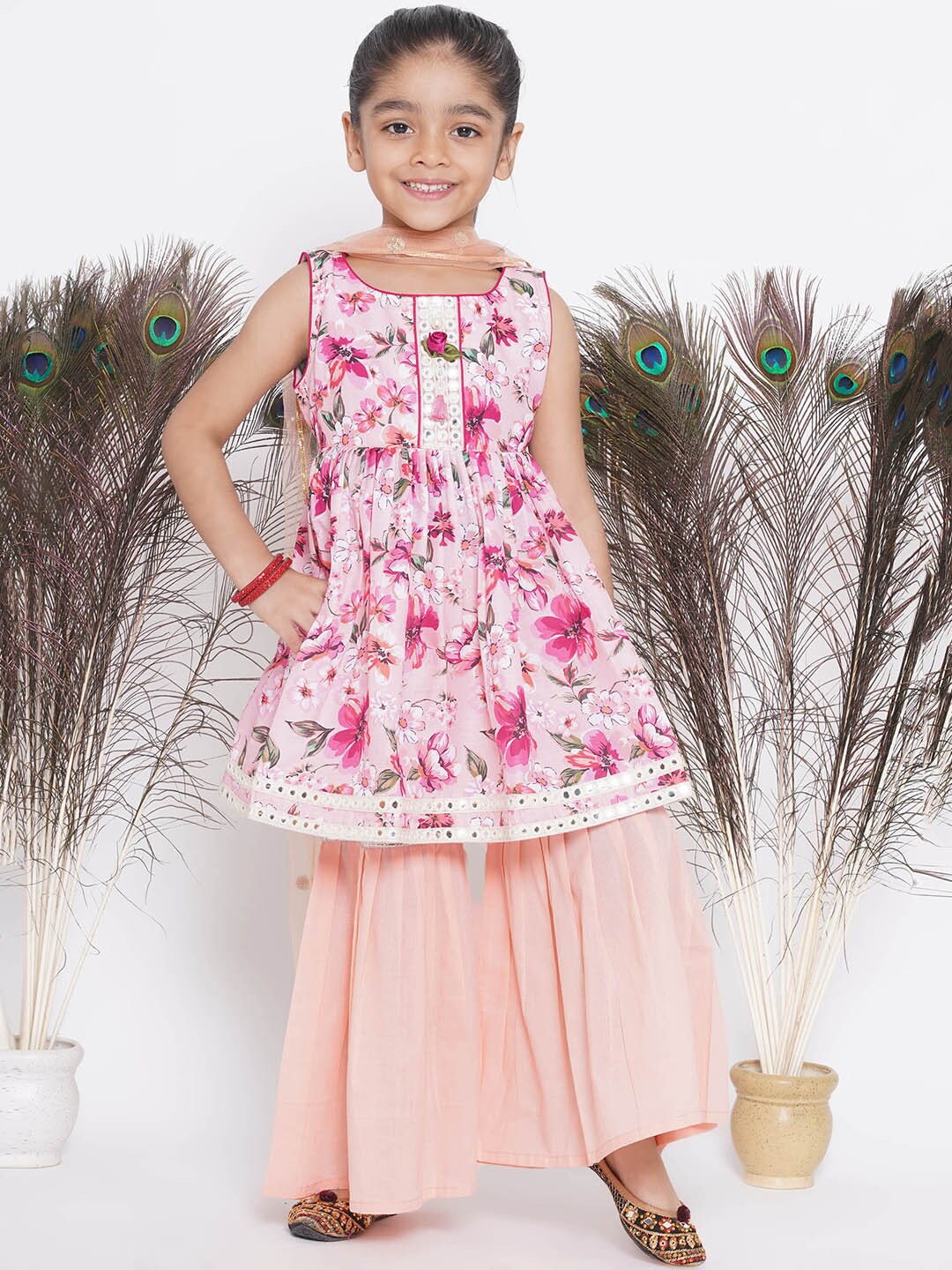 

Little Bansi Girls Floral Printed Mirror Work Pure Silk Kurta With Sharara & Dupatta, Pink