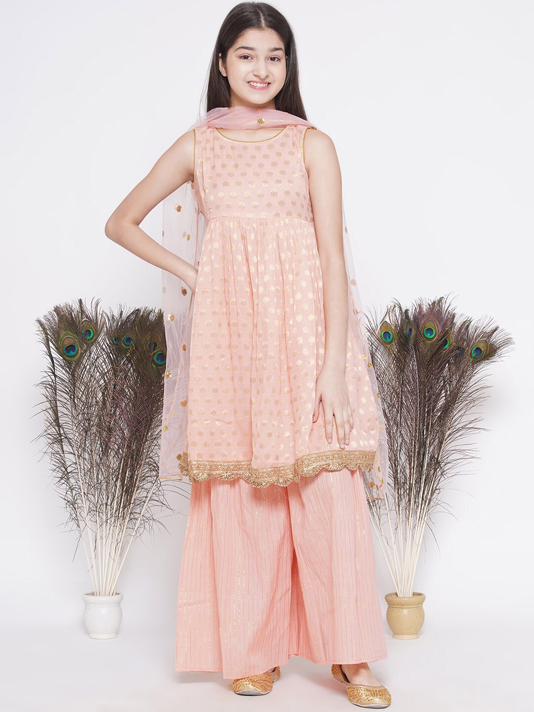 

Little Bansi Girls Ethnic Motifs Sequinned Pure Cotton Kurta with Sharara & Dupatta, Peach