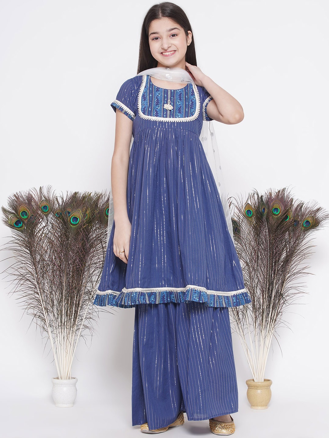 

Little Bansi Girls Pure Cotton Kurta with Sharara & Dupatta, Blue