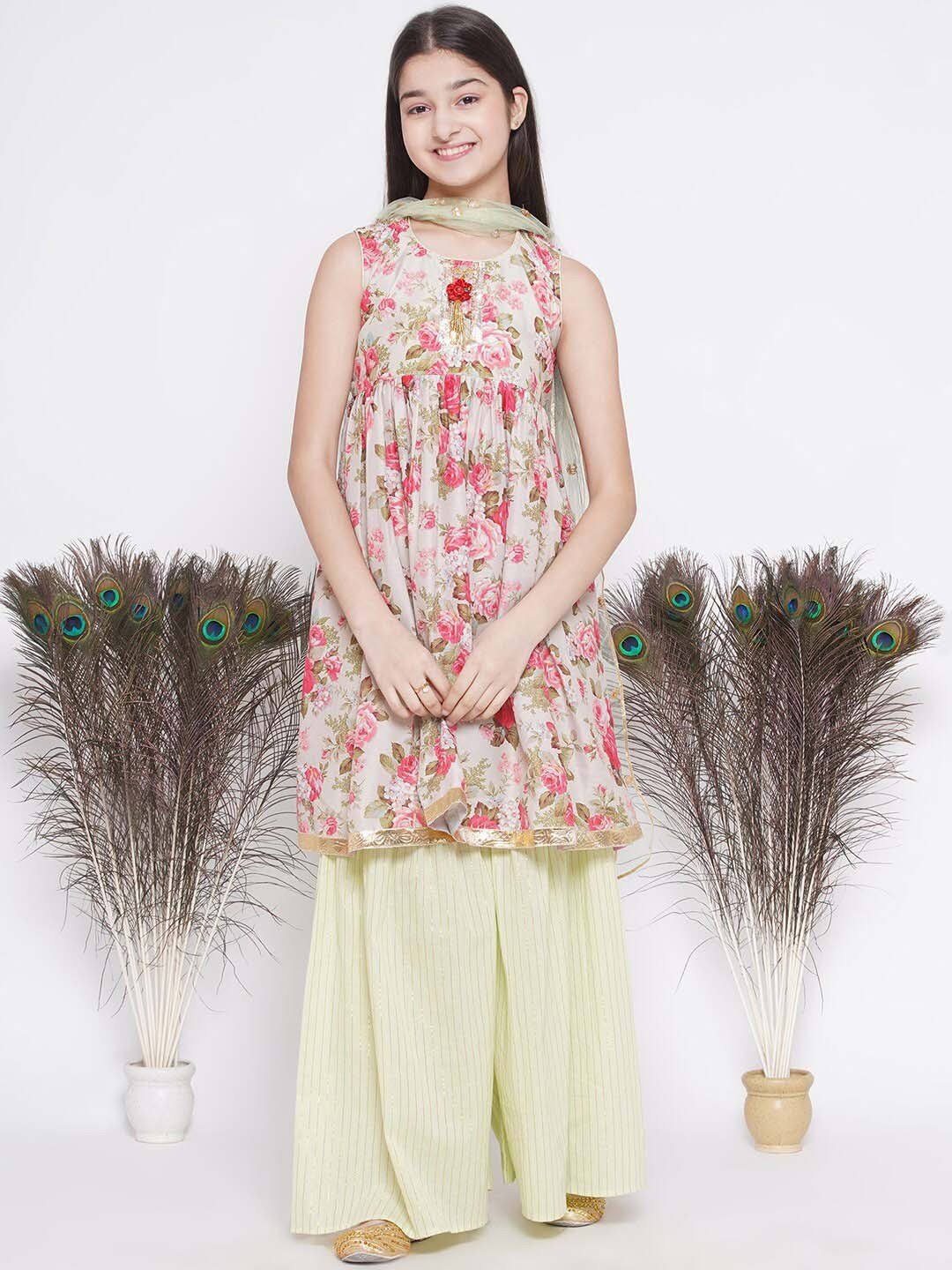 

Little Bansi Girls Floral Printed Pure Silk Kurta with Sharara & With Dupatta, Green