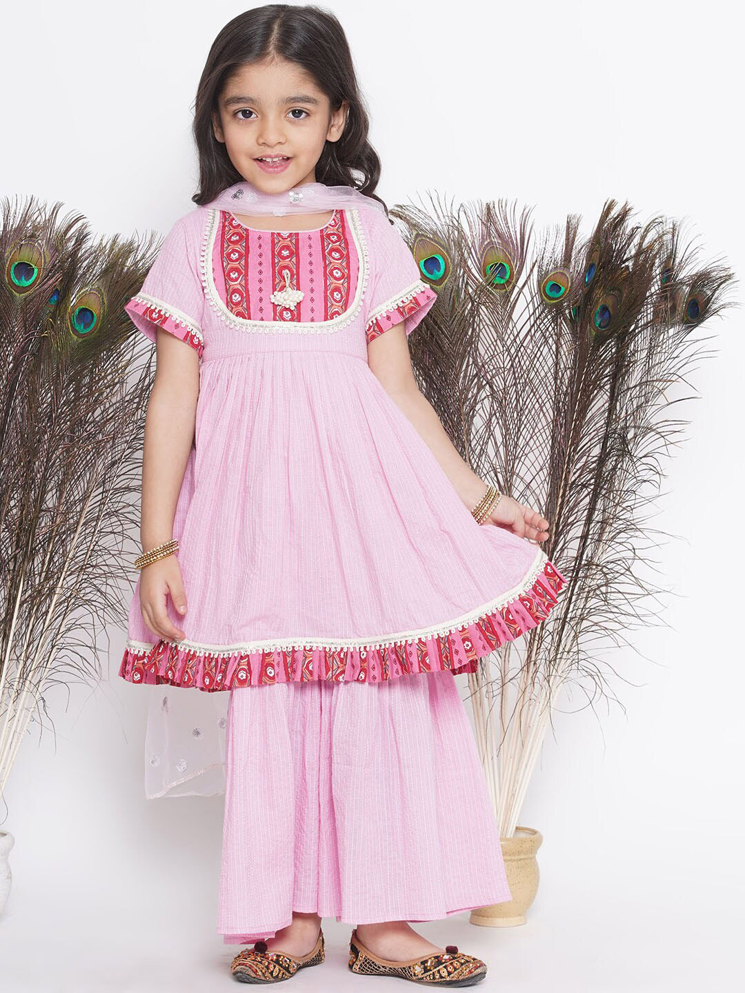 

Little Bansi Girls Ethnic Motifs Printed Pure Cotton Kurta With Sharara & Dupatta, Pink