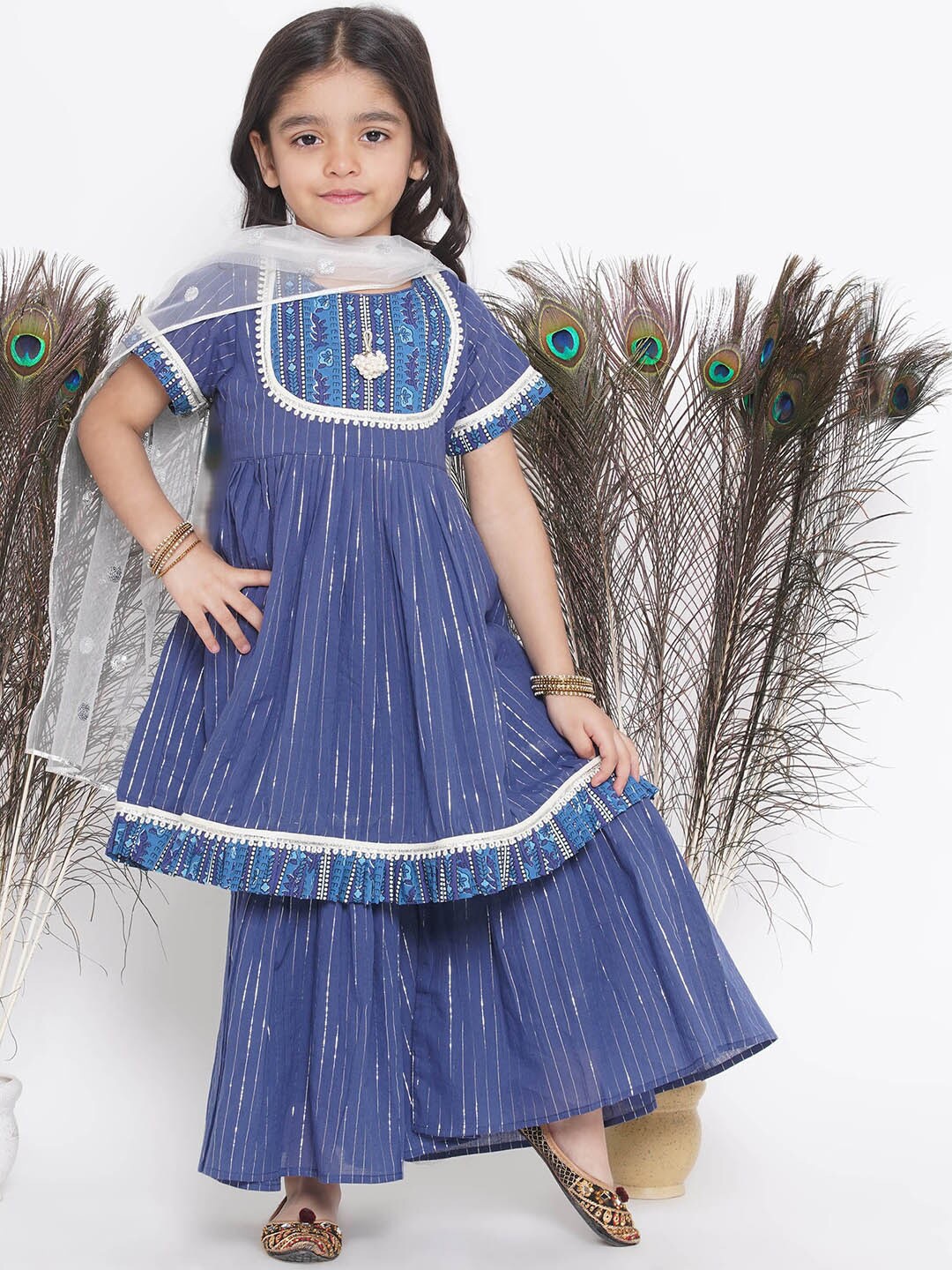

Little Bansi Girls Regular Sequinned Pure Cotton Kurta With Sharara & Dupatta, Blue