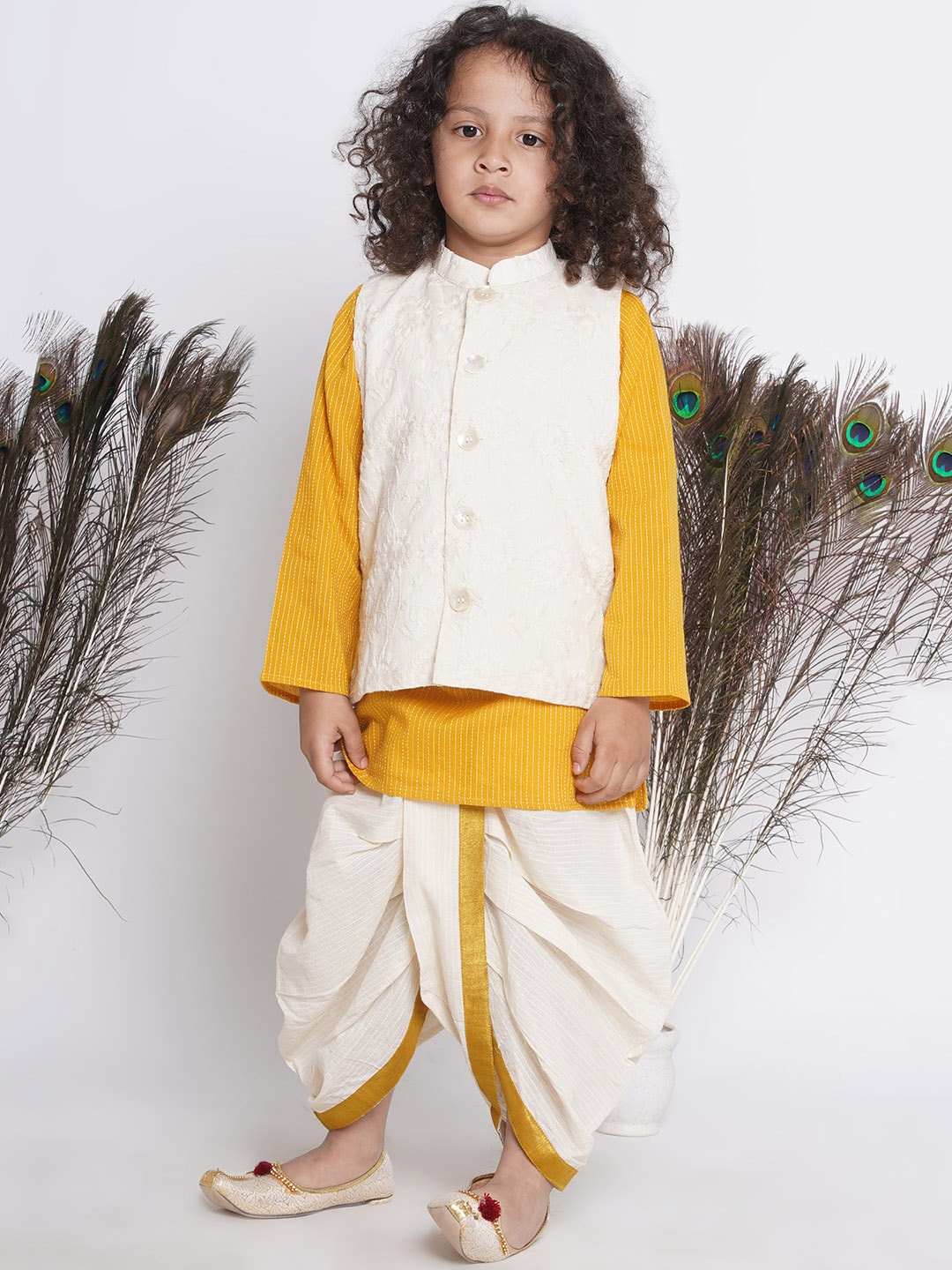 

Little Bansi Boys Pure Cotton Kurta With Dhoti Pants & Nehru Jacket, Cream