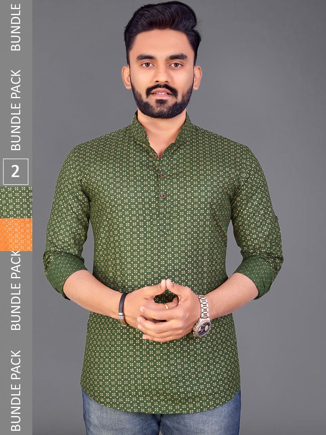 

ADWYN PETER Pack Of 2 Geometric Printed Mandarin Collar Cotton Short Kurta, Green