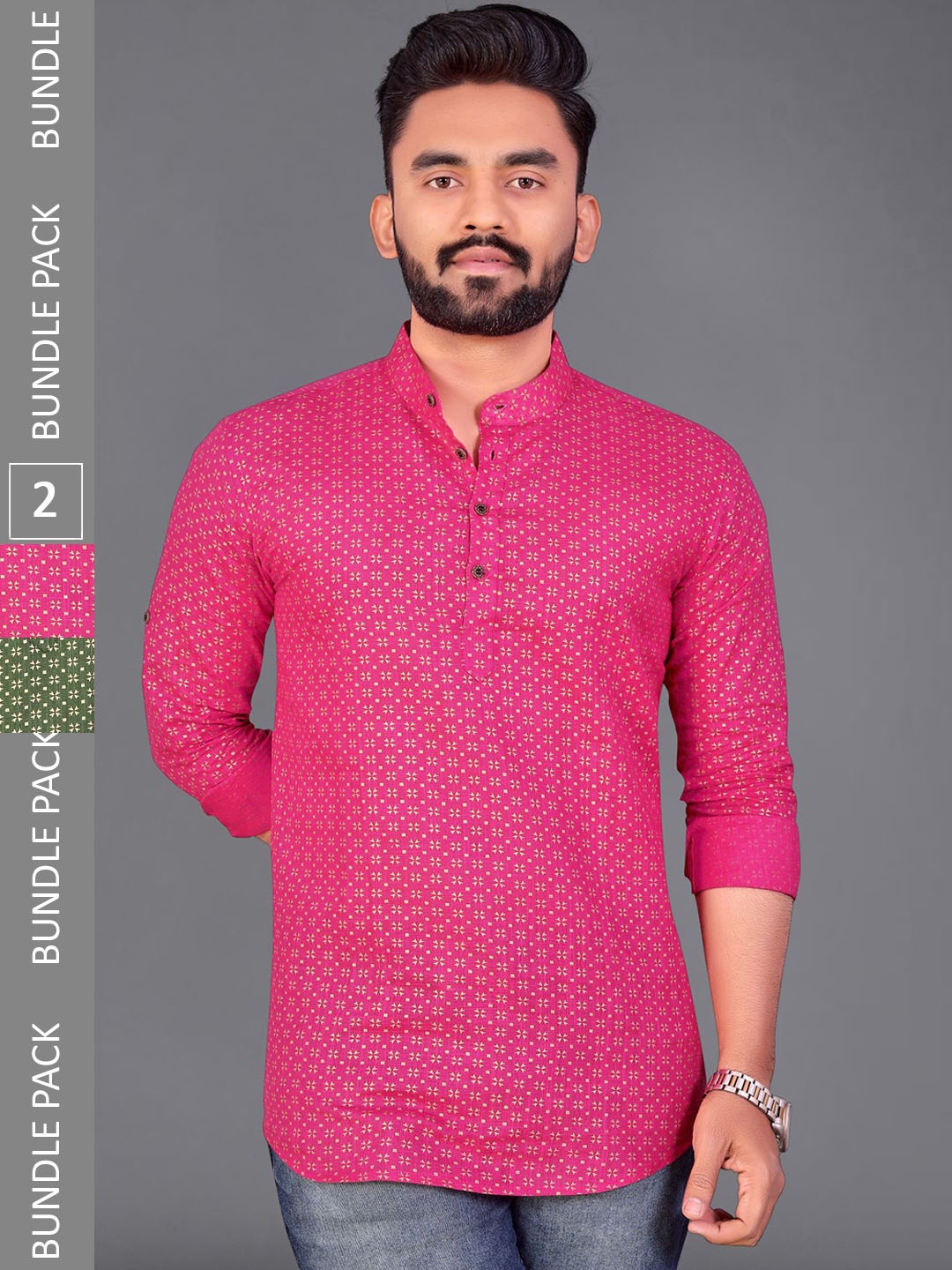 

ADWYN PETER Pack Of 2 Geometric Printed Mandarin Collar Cotton Short Kurta, Pink