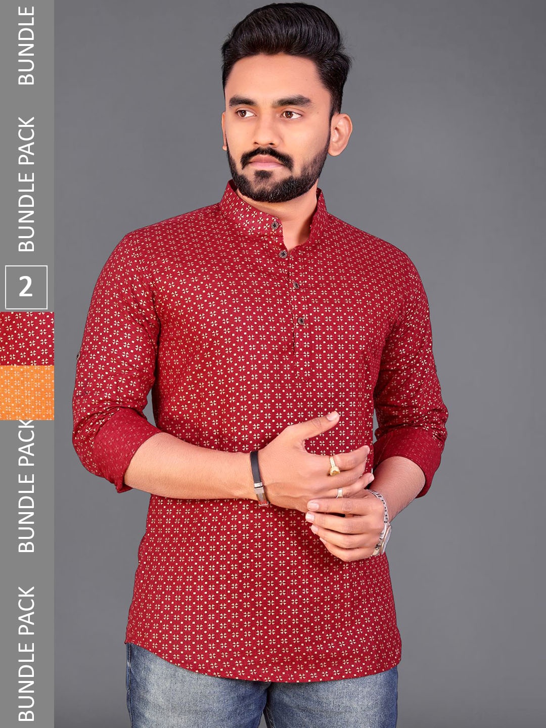 

ADWYN PETER Pack of 2 Ethnic Motifs Printed Pure Cotton Short Kurta, Maroon