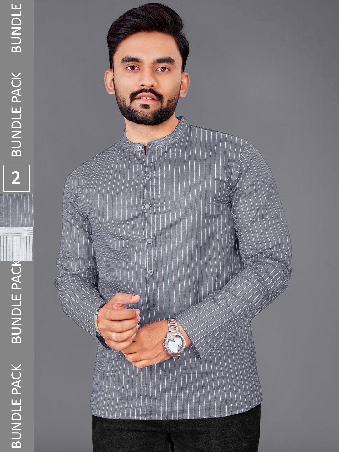 

ADWYN PETER Pack Of 2 Striped Mandarin Collar Cotton Short Kurta, Grey