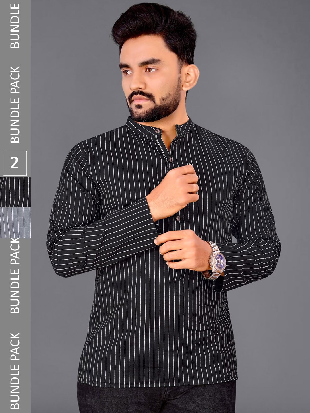 

ADWYN PETER Pack Of 2 Striped Cotton Kurta, Black