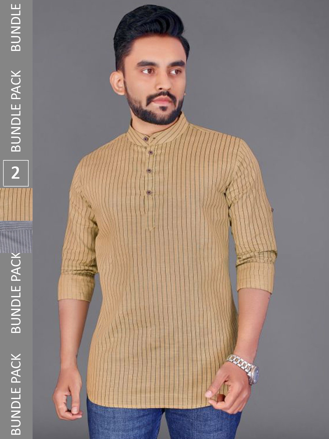 

ADWYN PETER Pack Of 2 Striped Cotton Kurta, Beige