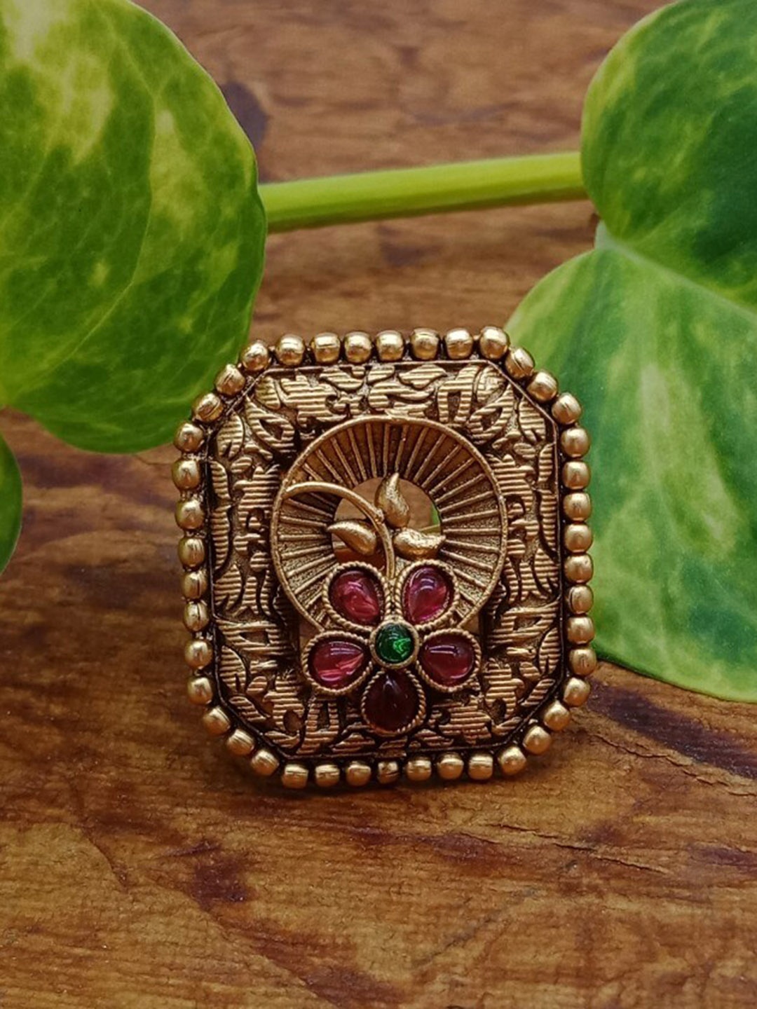 

AASHISH IMITATION Gold-Plated Kundan & Ruby Studded Antique Finger Ring