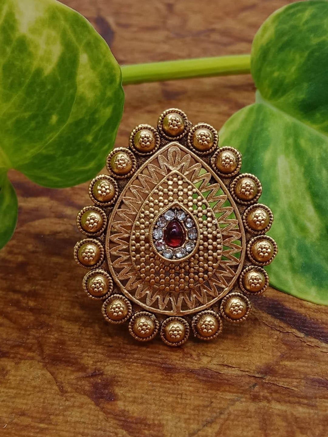 

AASHISH IMITATION Copper-Plated Kundan & Ruby Studded Antique Finger Ring