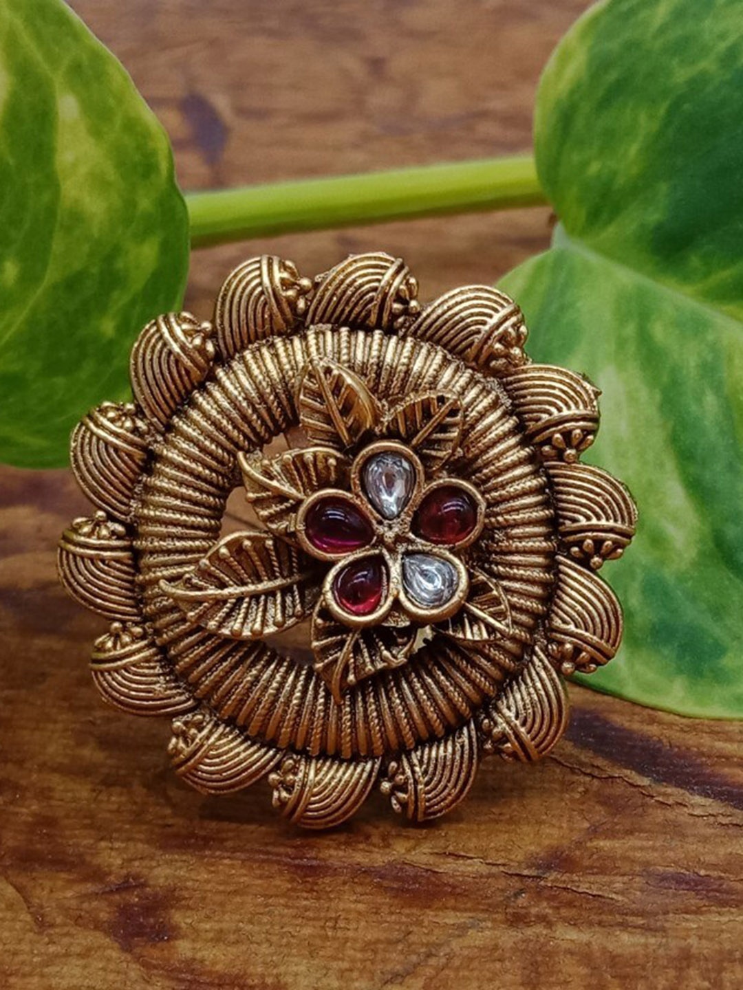 

AASHISH IMITATION Copper-Plated Kundan & Ruby Studded Finger Ring
