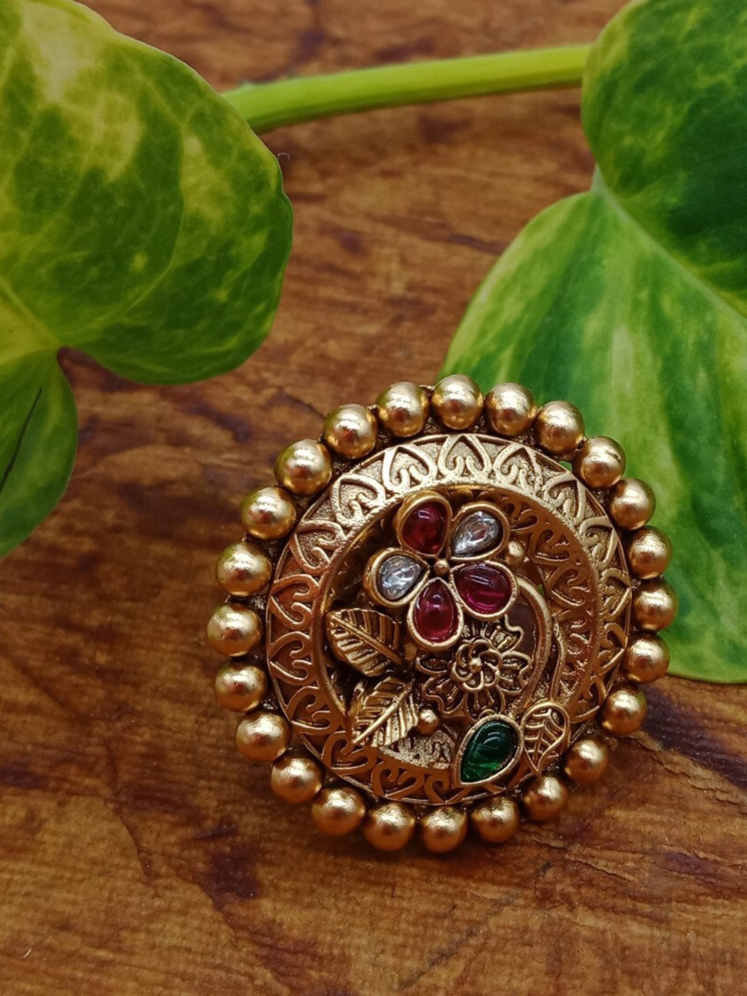 

AASHISH IMITATION Gold-Plated Kundan & Ruby Studded Antique Finger Ring