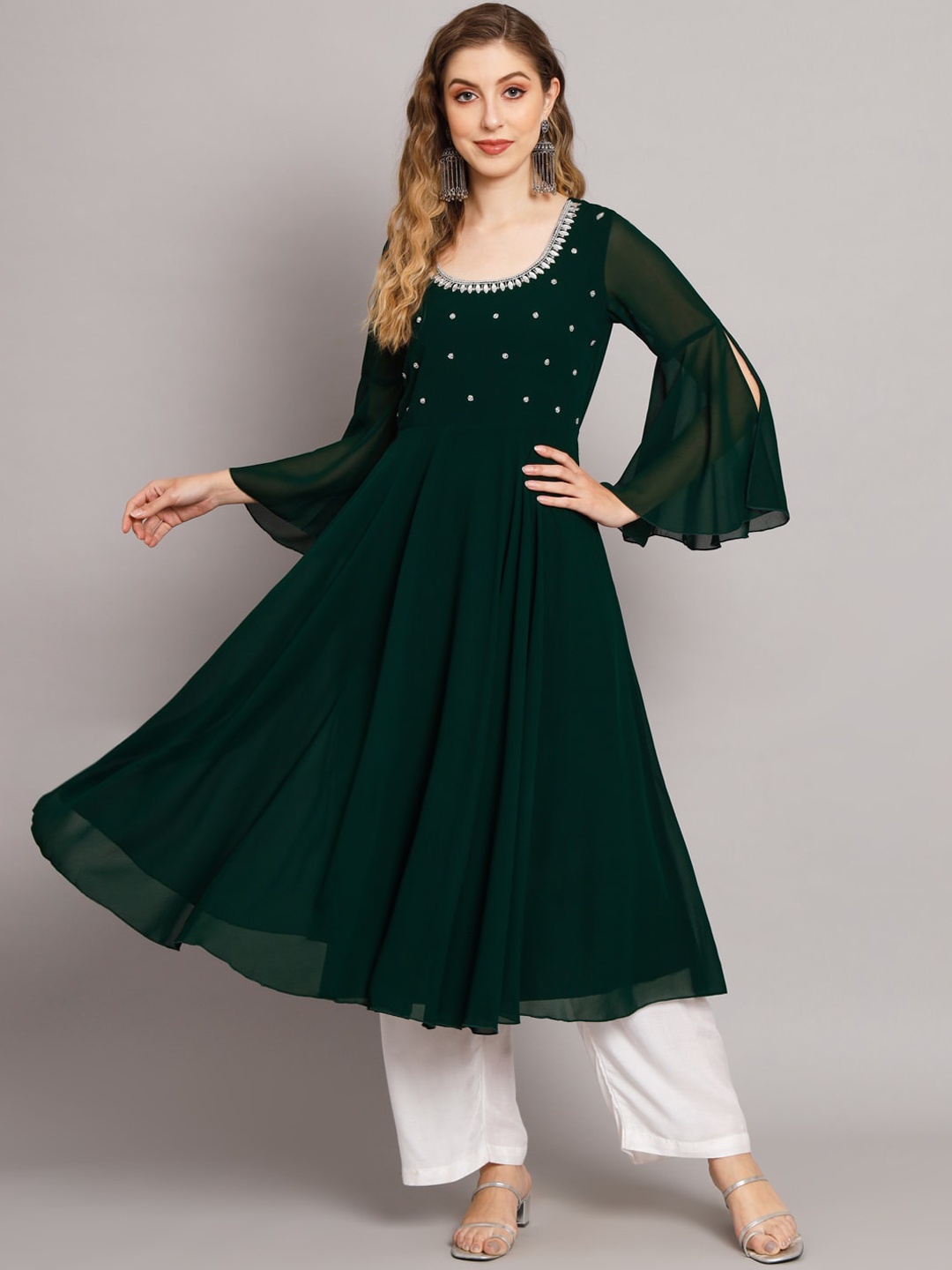 

Poshak Hub Embroidered Thread Work Scoop Neck Bell Sleeves Anarkali Kurta, Green