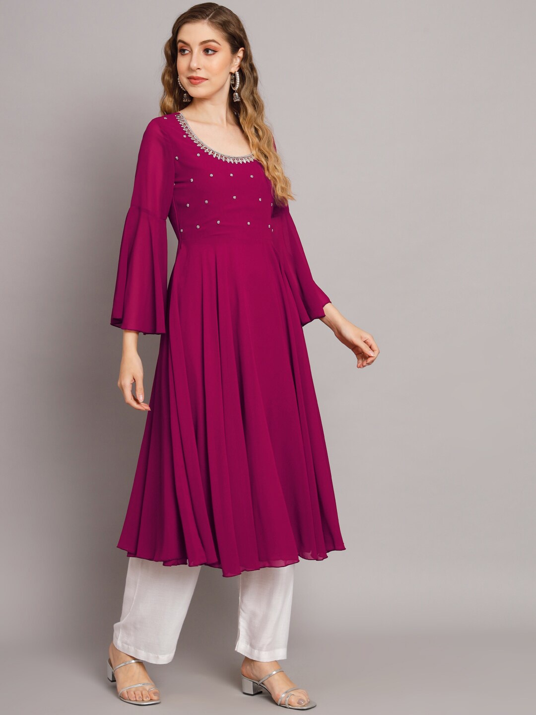 

Poshak Hub Flared Sleeves Stone Work Georgette Anarkali Kurta, Pink