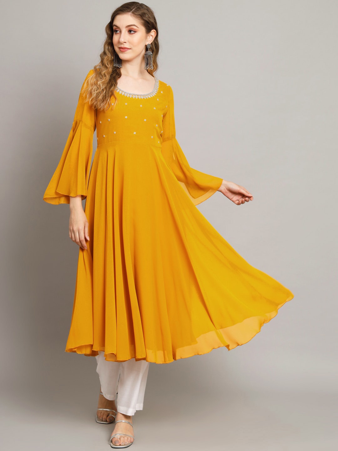 

Poshak Hub Yoke Design Flared Sleeves Stone Work Georgette Anarkali Kurta, Yellow