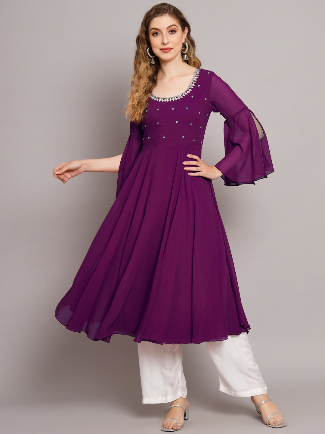 

Poshak Hub Embroidered Thread Work Scoop Neck Bell Sleeves Anarkali Kurta, Purple