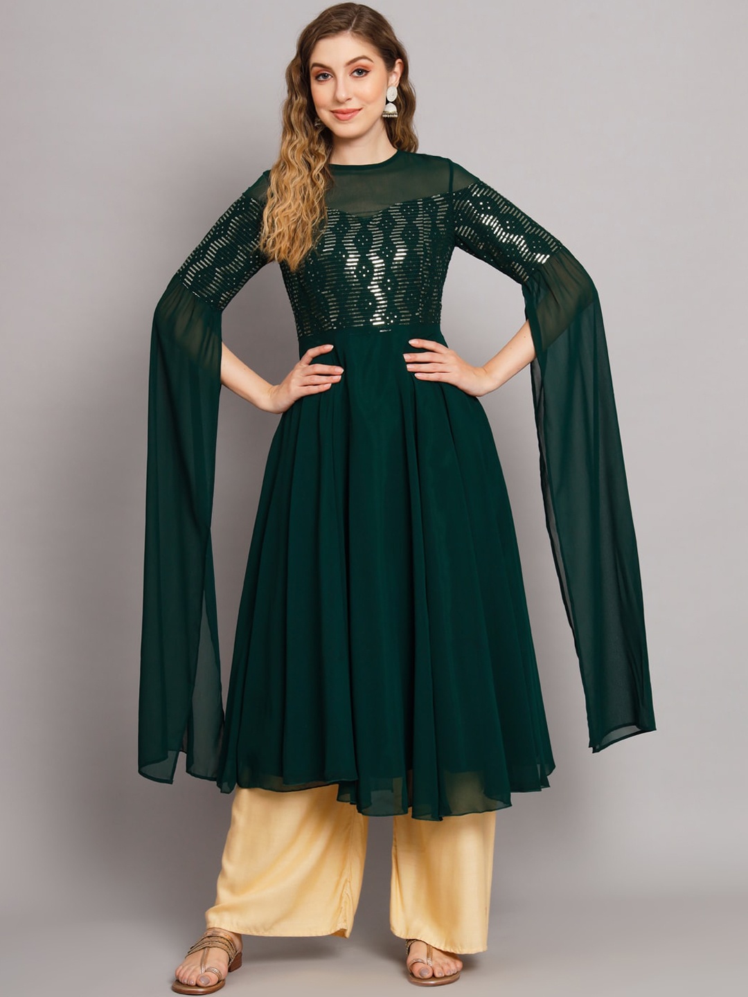 

Poshak Hub Yoke Design Flared Sleeves Sequinned Georgette Anarkali Kurta, Green