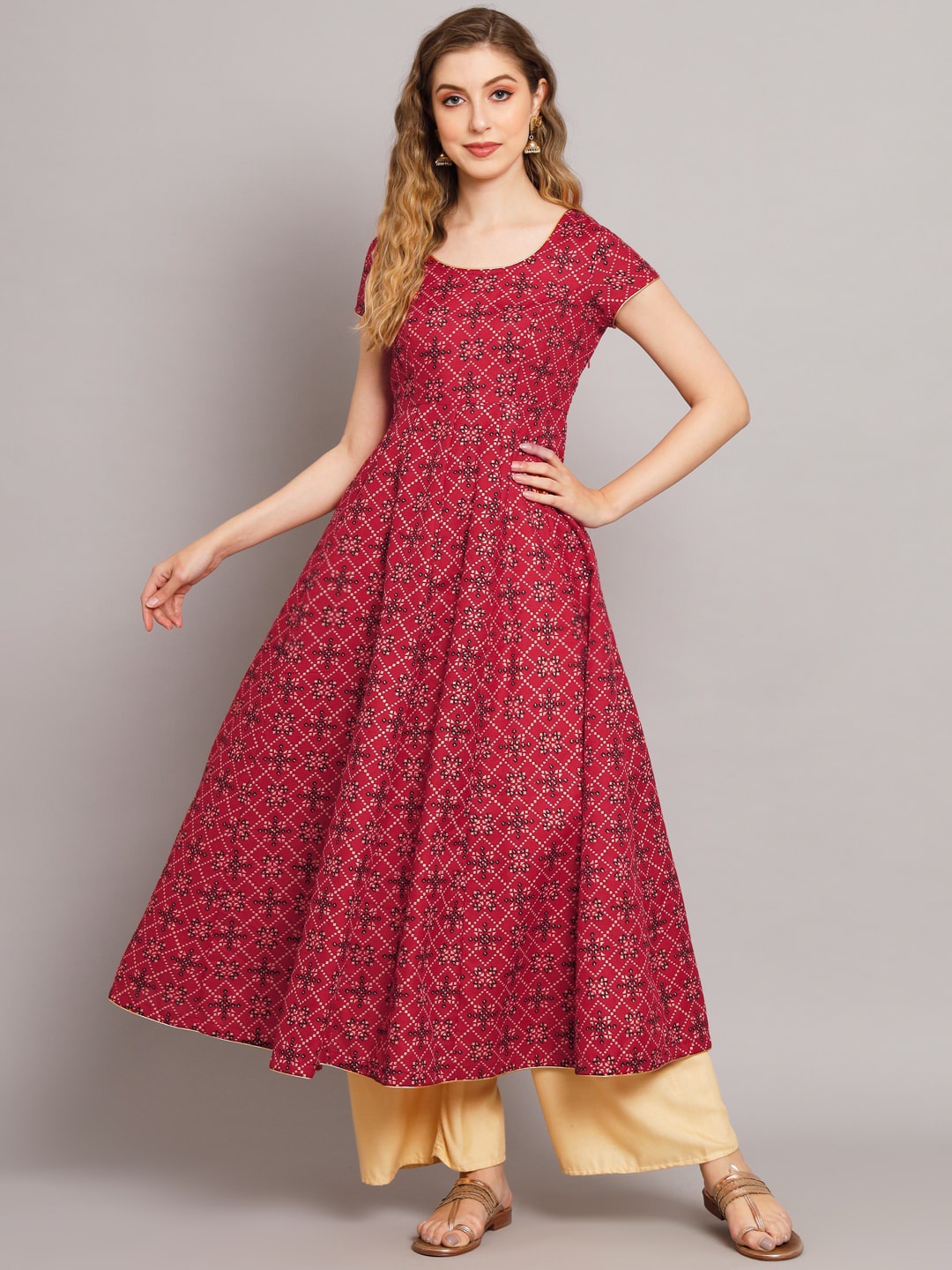 

Poshak Hub Geometric Printed Anarkali Cotton Kurta, Red
