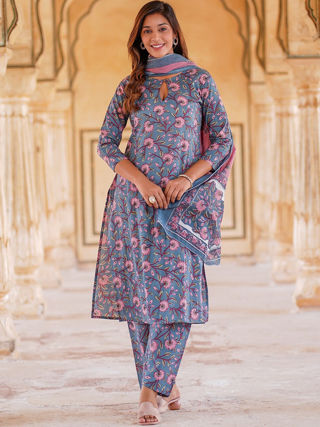 

KALINI Floral Printed Regular Pure Cotton Kurta with Trousers & Dupatta, Blue