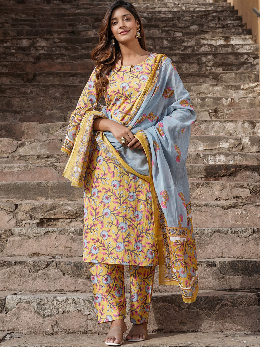 

KALINI Floral Printed Keyhole Neck Pure Cotton Kurta with Trousers & Dupatta, Mustard
