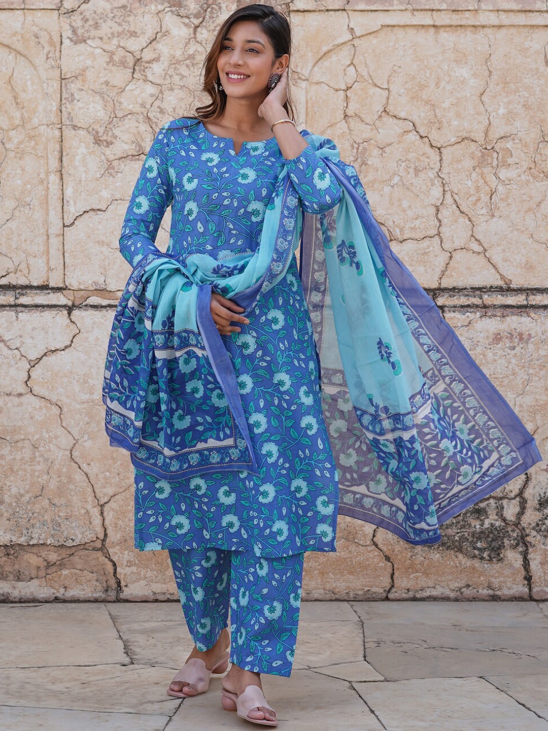 

KALINI Floral Printed Regular Pure Cotton Kurta with Trousers & Dupatta, Blue