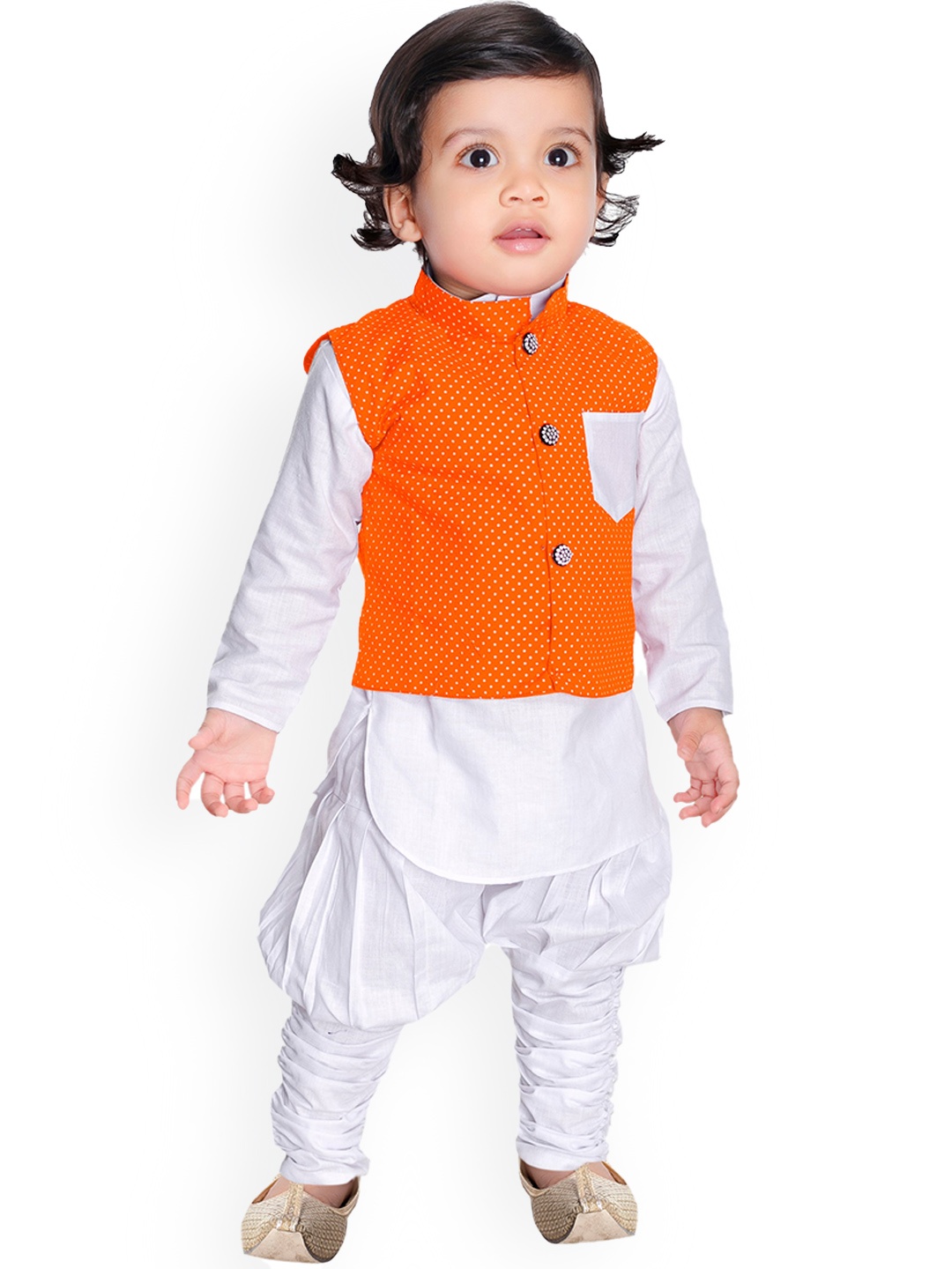 

BAESD Boys Pure Cotton Kurta With Churidar & Polka Dots Printed Nehru Jacket, White