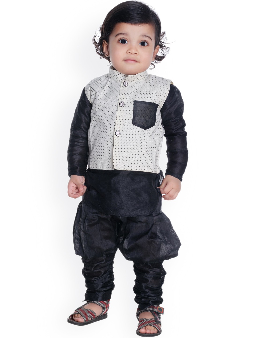 

BAESD Boys Straight Pure Cotton Kurta with Churidar & Polka Dots Printed Nehru Jacket, Off white