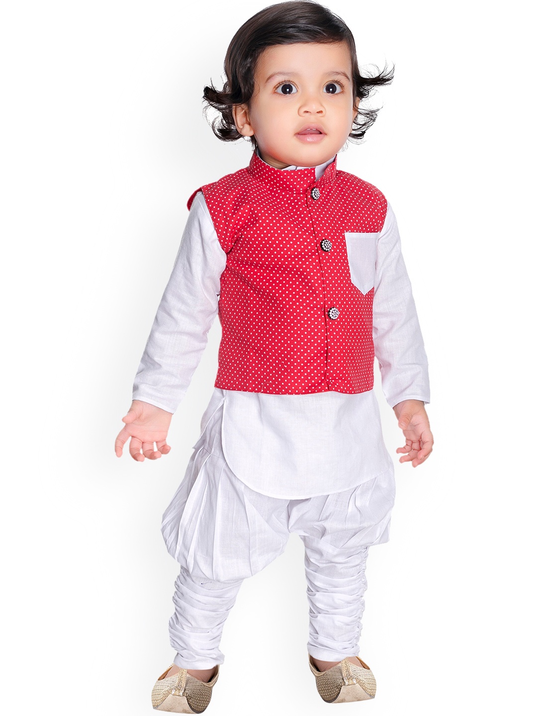 

BAESD Boys Pure Cotton Kurta With Churidar & Nehru Jacket, White