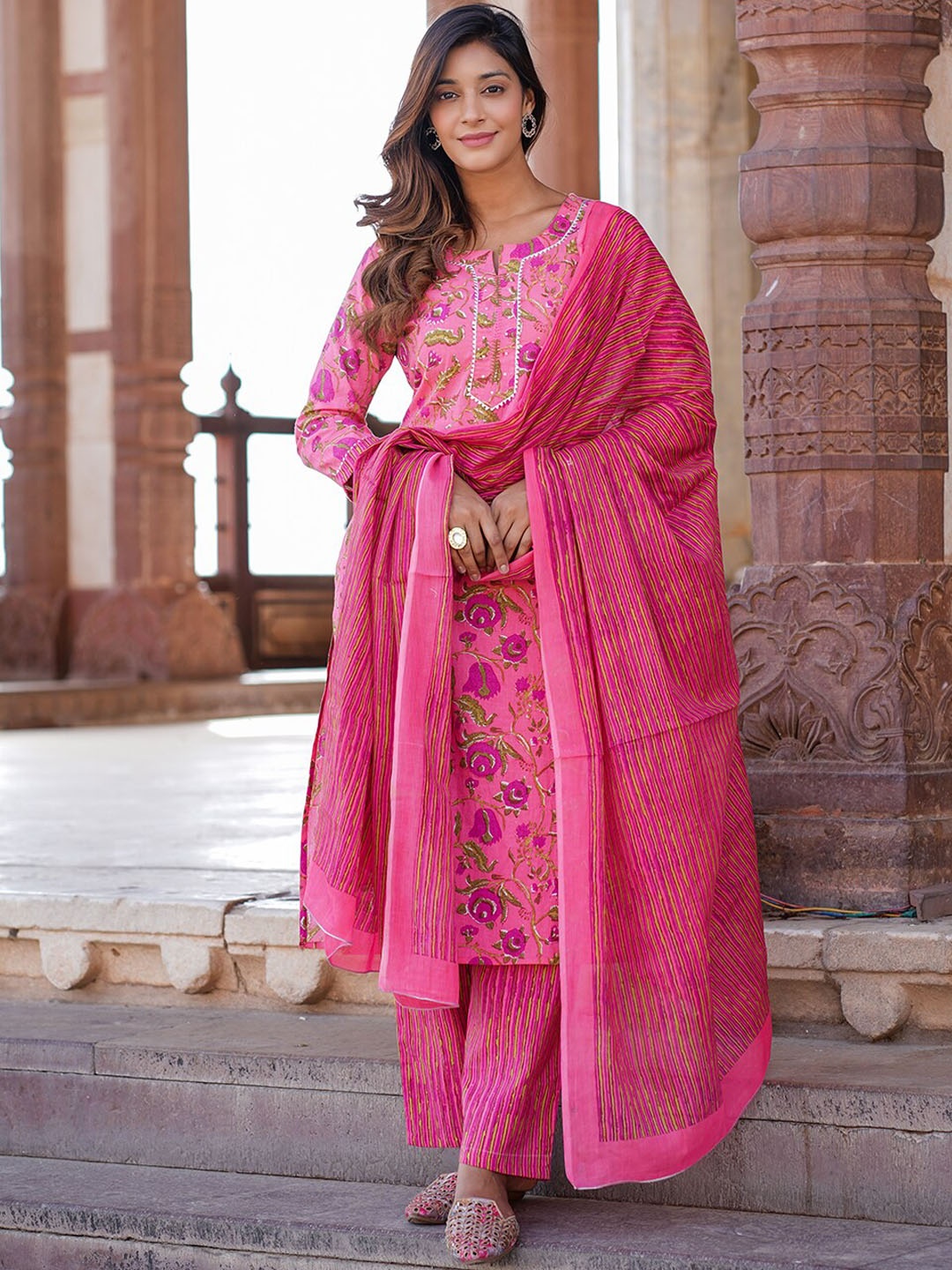 

KALINI Floral Printed Pure Cotton Kurta with Trousers & With Dupatta, Pink