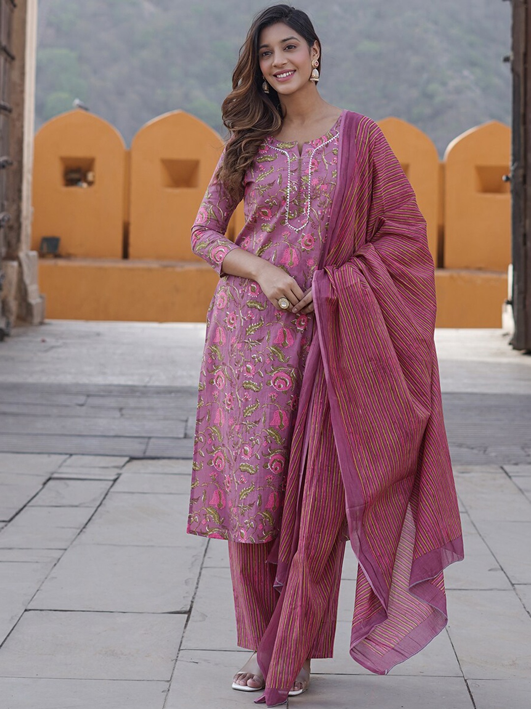 

KALINI Floral Printed Pure Cotton Kurta with Trousers & With Dupatta, Pink