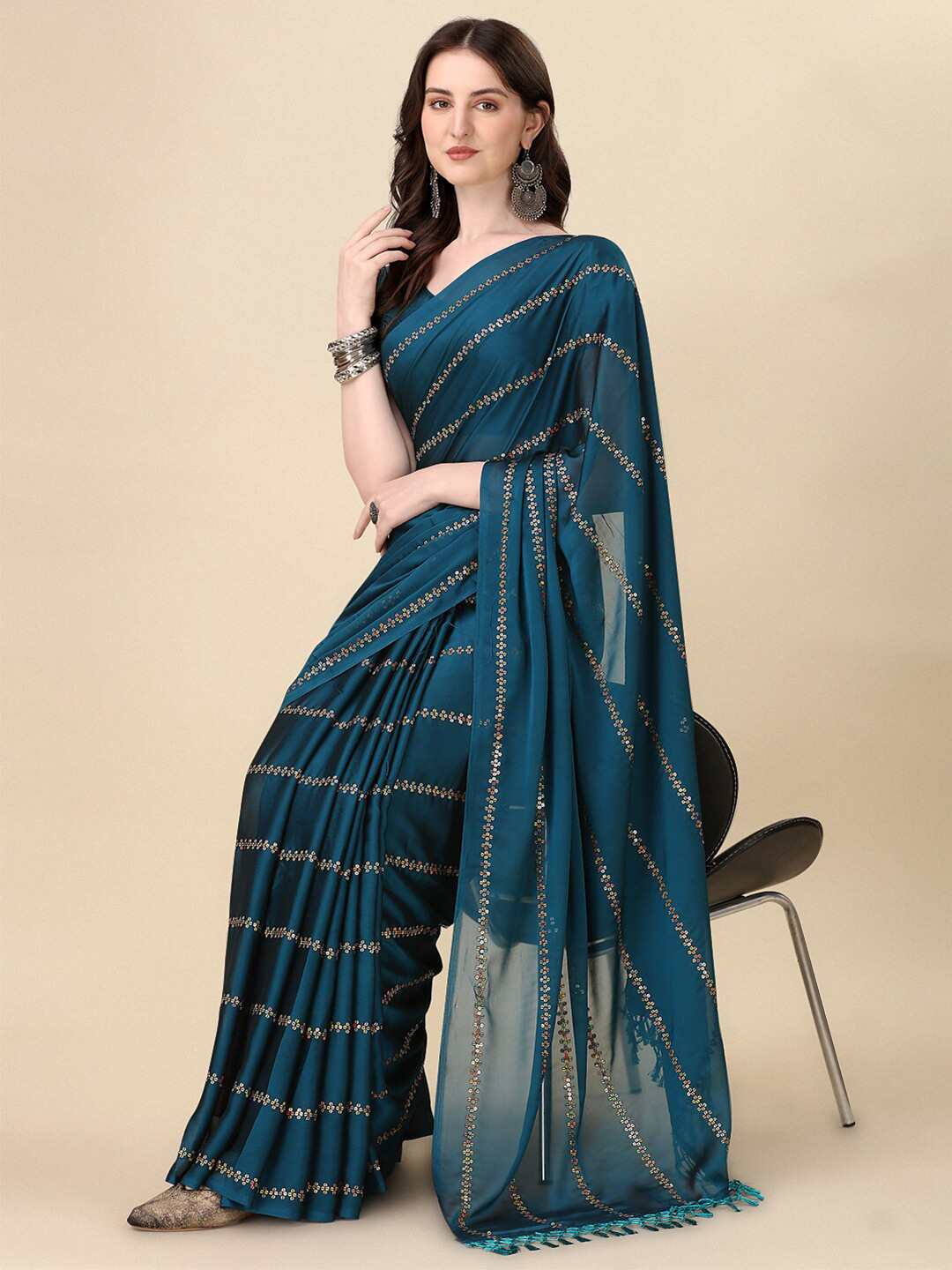 

Mitera Teal Blue Embellished Sequinned Designer Saree