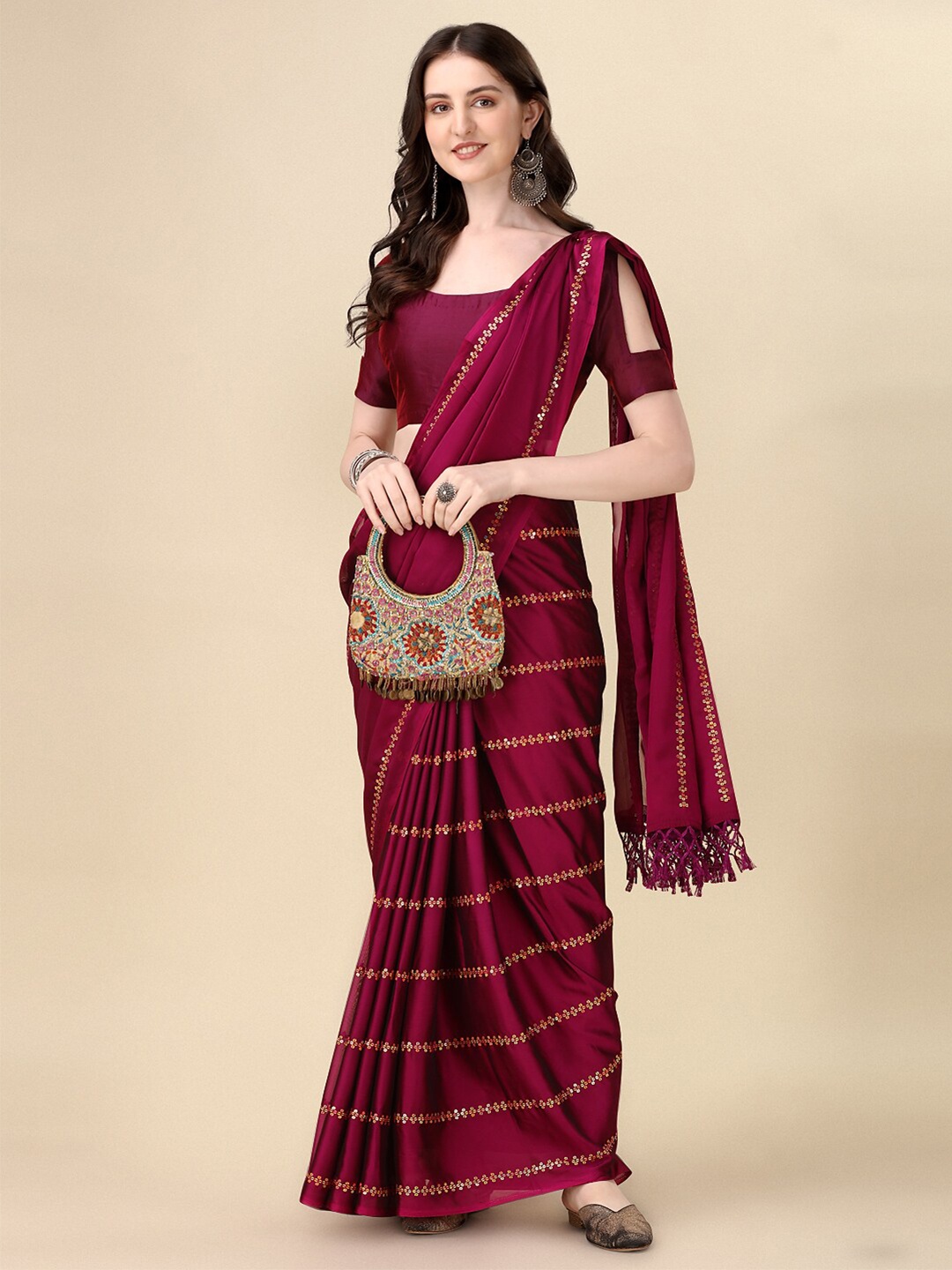 

Mitera Maroon Embellished Sequinned Designer Saree