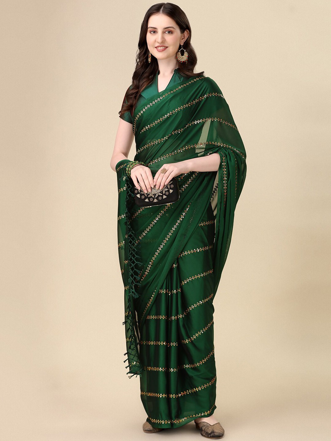 

Mitera Green Embellished Sequinned Designer Saree