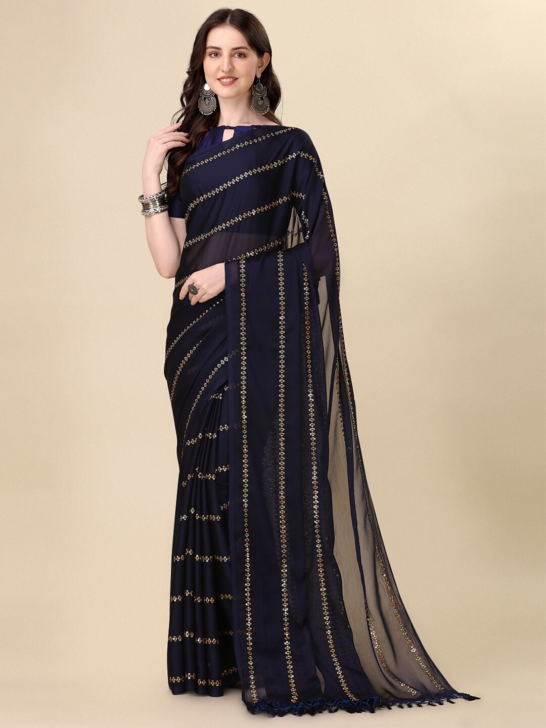 

Mitera Blue Embellished Sequinned Designer Saree