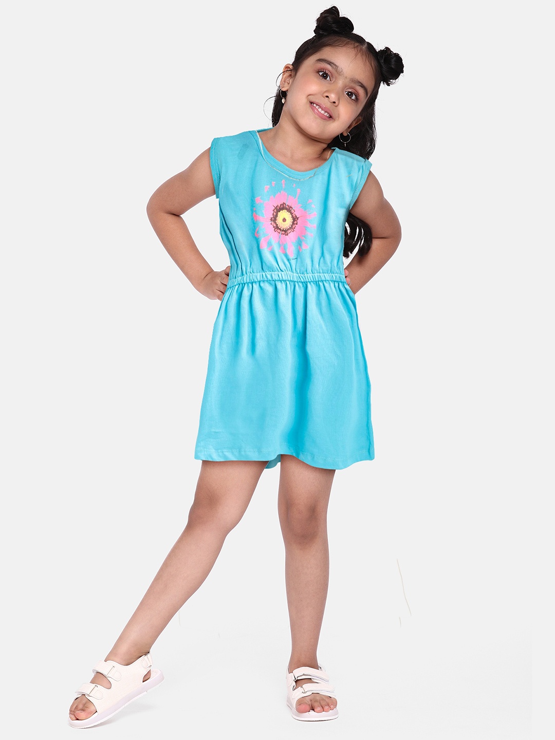 

612 league Girls Blue Printed Fit and Flare Dress