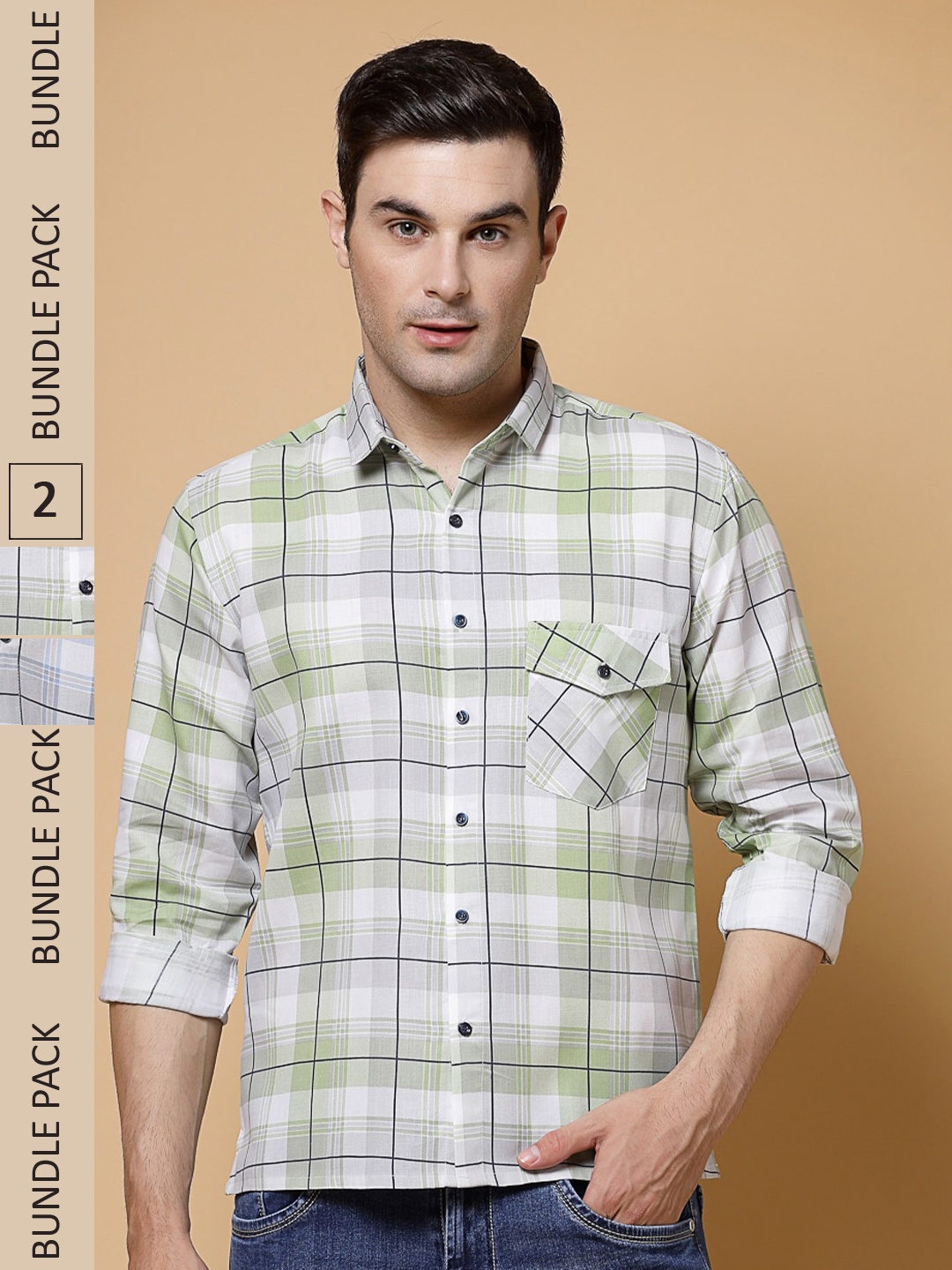 

ADWYN PETER Pack Of 2 Tartan Checked Opaque Casual Cotton Shirt, Green