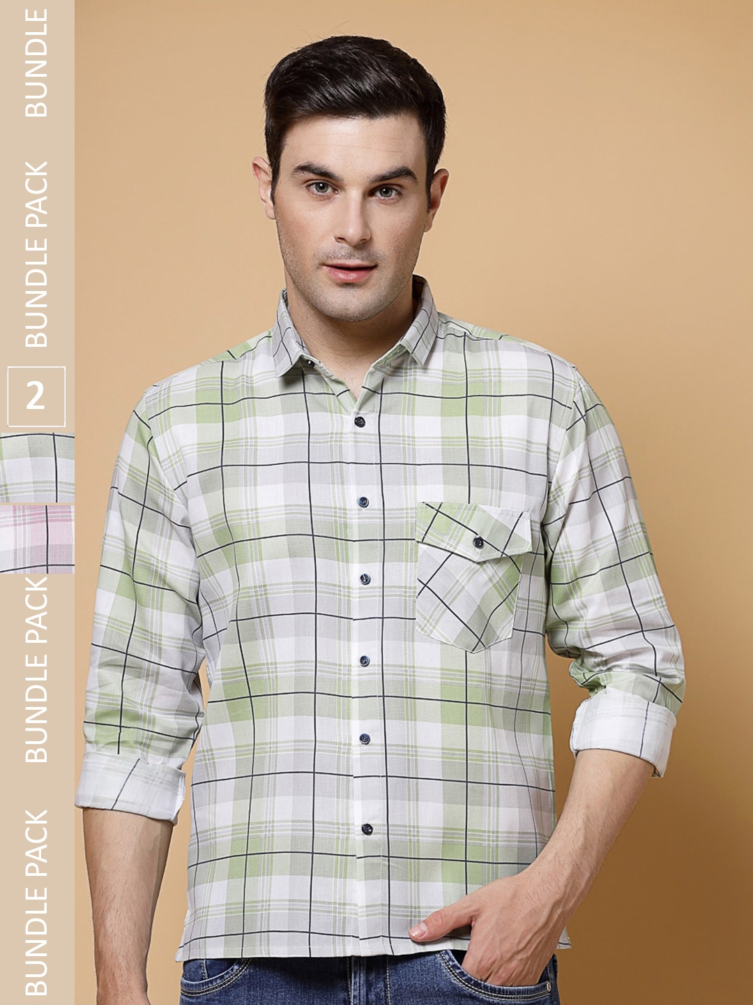 

ADWYN PETER Pack Of 2 Tartan Checked Opaque Casual Cotton Shirt, Green