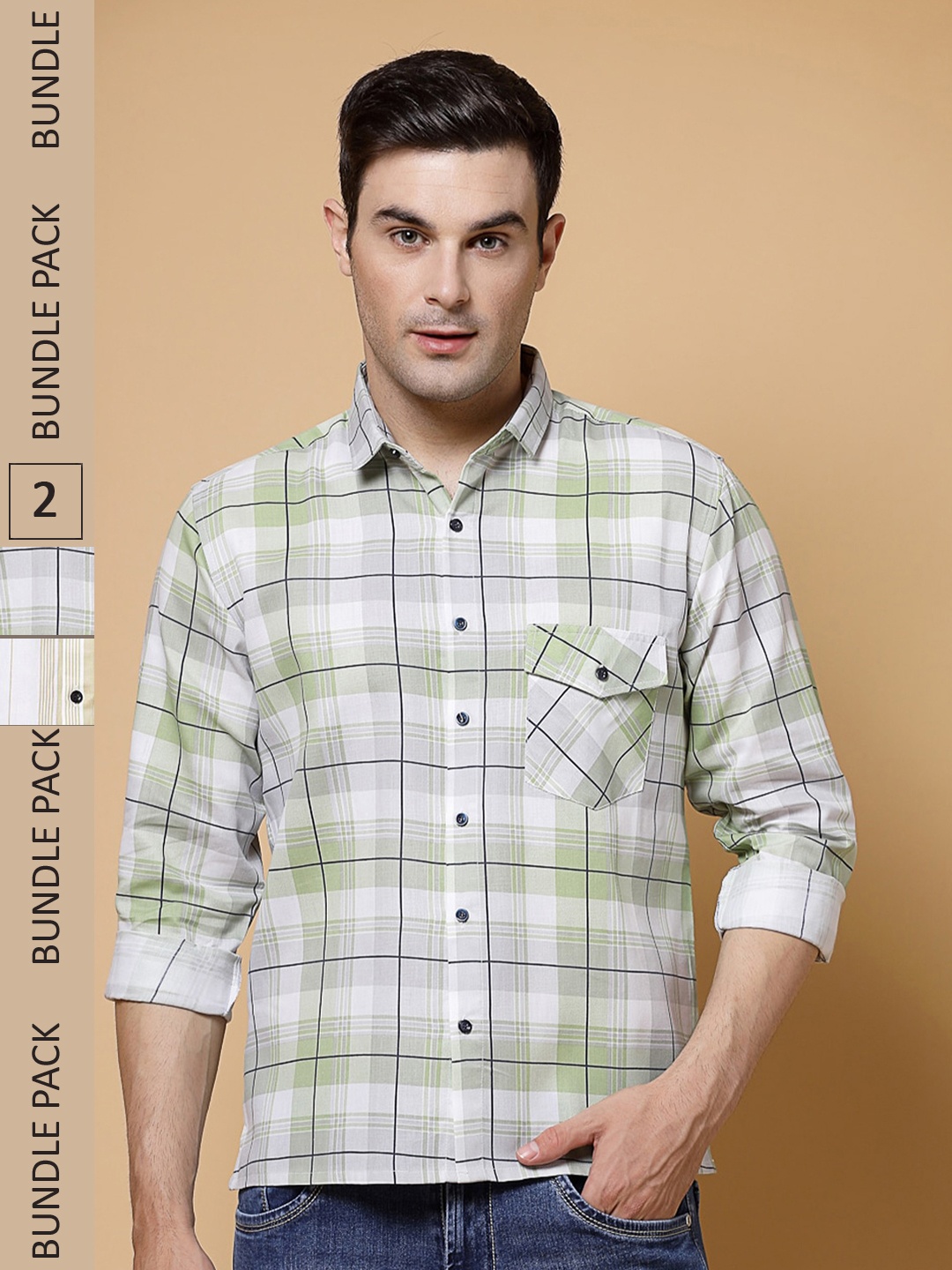 

ADWYN PETER Pack Of 2 Tartan Checked Opaque Casual Cotton Shirt, Green